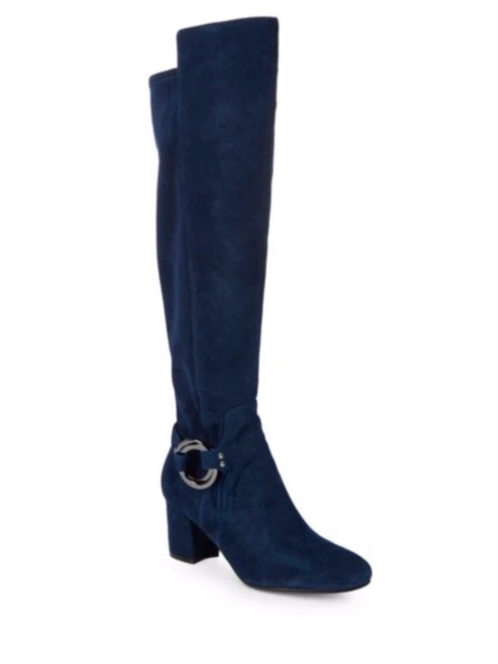 Tall Navy Suede Knee-High Boot with Block Heel